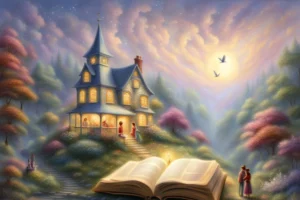 Idyllisch kasteel, gelukkige mensen en sprookjesboek symboliseren een ideale wereld