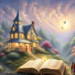 Sprookjes-illustratie met huis en blije mensen, illustreert schilderachtige tafereeltjes die waarheid verhullen