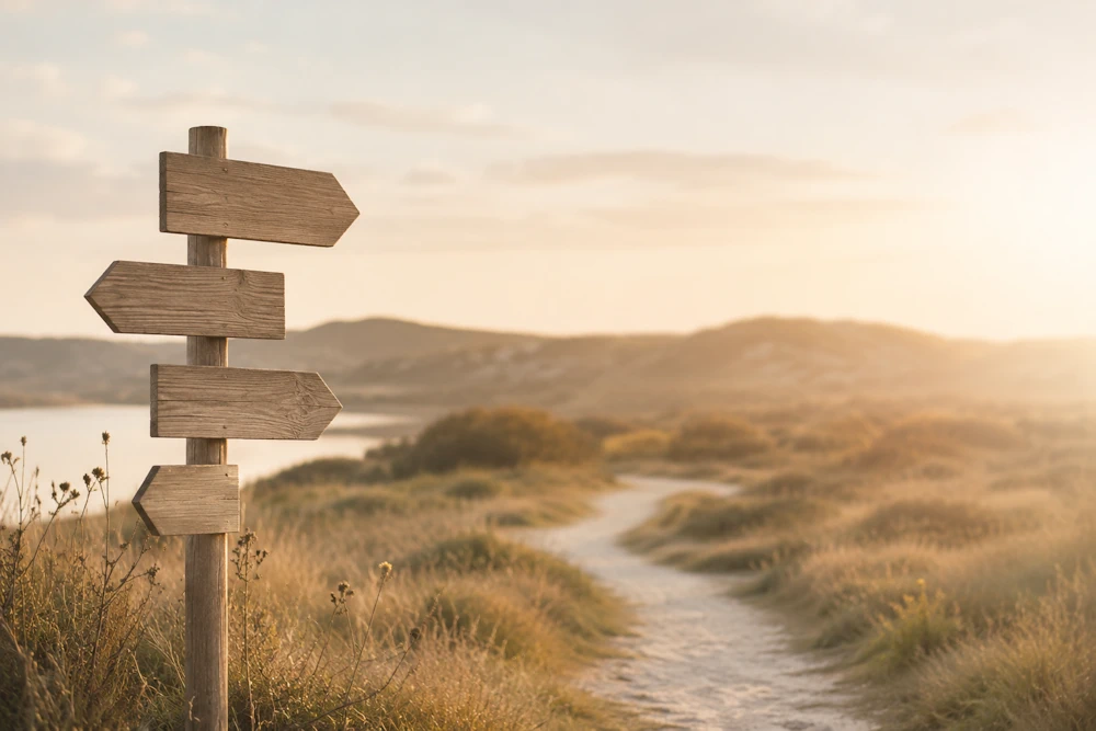 Lege wegwijzers in een duinlandschap als symbool voor algemene tips bij onveilige hechting